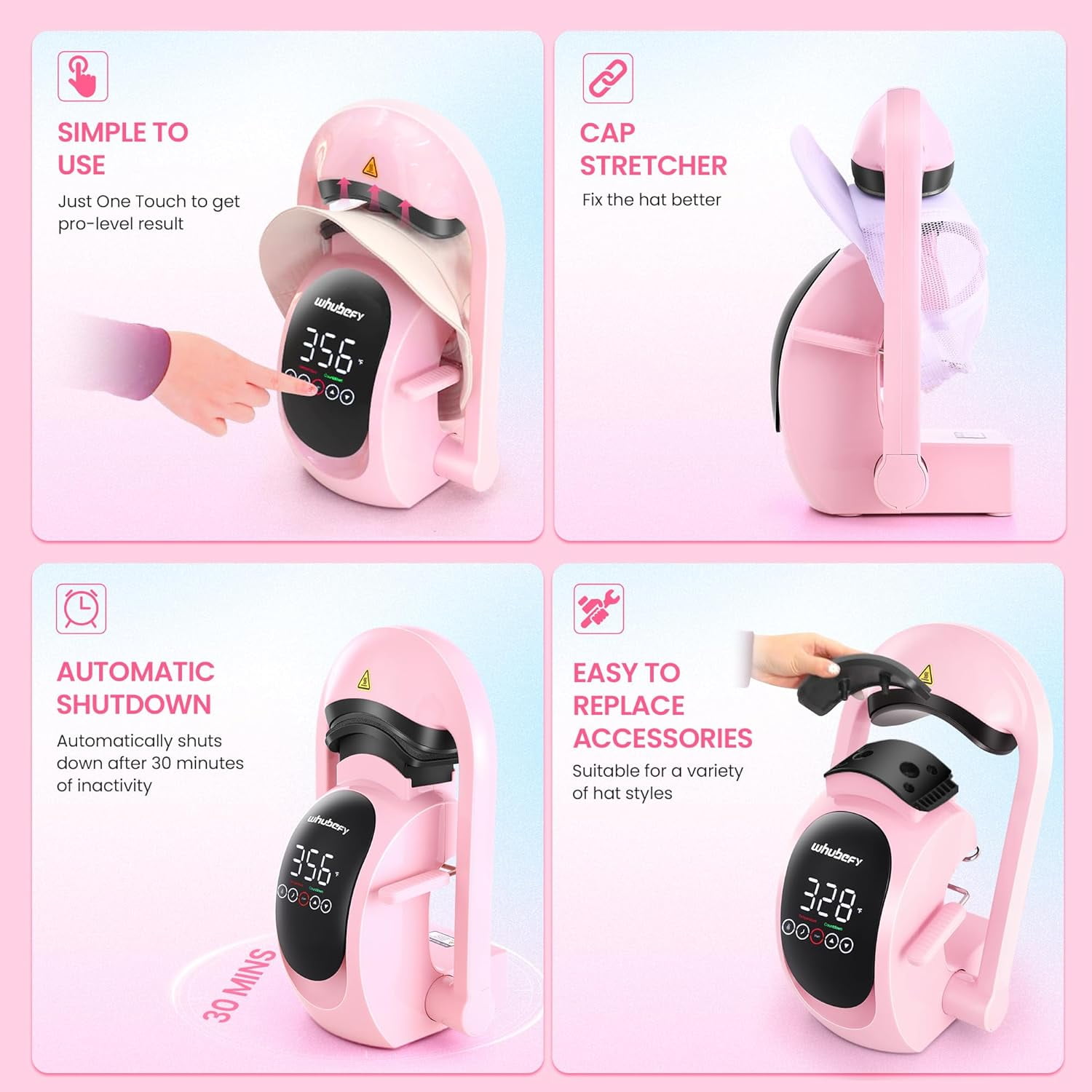 Adnoom 3-in-1 Cap Heat Press Machine, Hat Heat Press with 3pcs Replaceable Heating Pads, Automatic Release & Press, DIY Sublimation press for Caps T-Shirts Bags, Pink