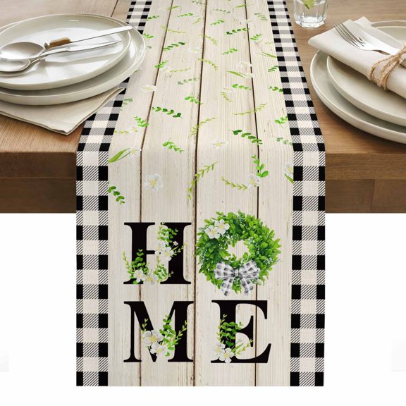 Rustic Home Table Runner - 90 Inch Long, Kitchen Dining Table Runner Dresser Scarves, Eucalyptus Leaves Floral Wooden Buffalo Plaid Farmhouse Decor for Coffee Tables Wedding Party Banquet