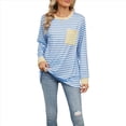 thumbnail image 3 of Camisas de Larga para Mujer, Cuello Redondo A Rayas, Corte Holgado, Camiseta de Bloques de Color Otoño 2025 con Bolsillo Rayas Azules y Blancas S, 3 of 10