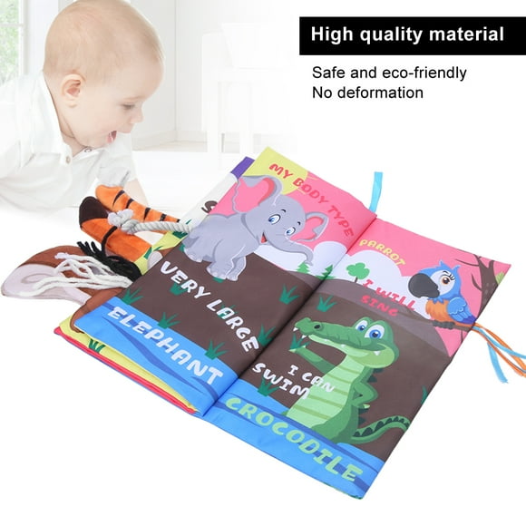 Washable Cloth Book, Bright Colors Cartoon Animal Tail Odorless Attract Baby's Attention Non Fade Baby Cloth Book for Early Education Wild Type