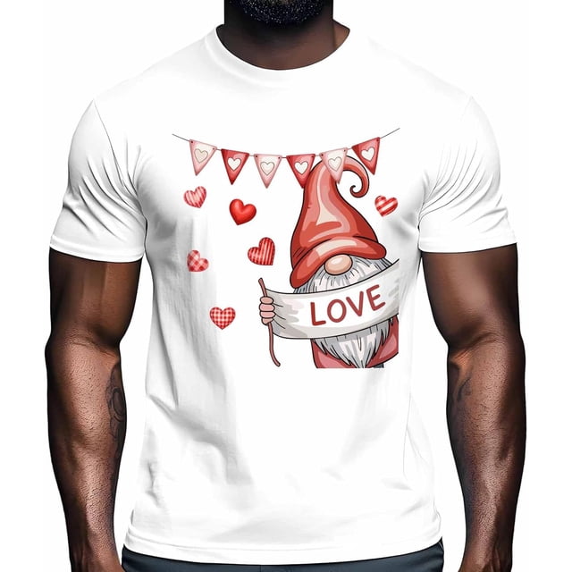 Camisetas para hombre, camiseta de algodón con cuello redondo y diseño de gnomo de San Valentín, manga corta, con bandera de corazón.