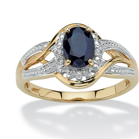- 10k Yellow Gold Oval Blue Sapphire and Round Diamond Accent Crossover Ring