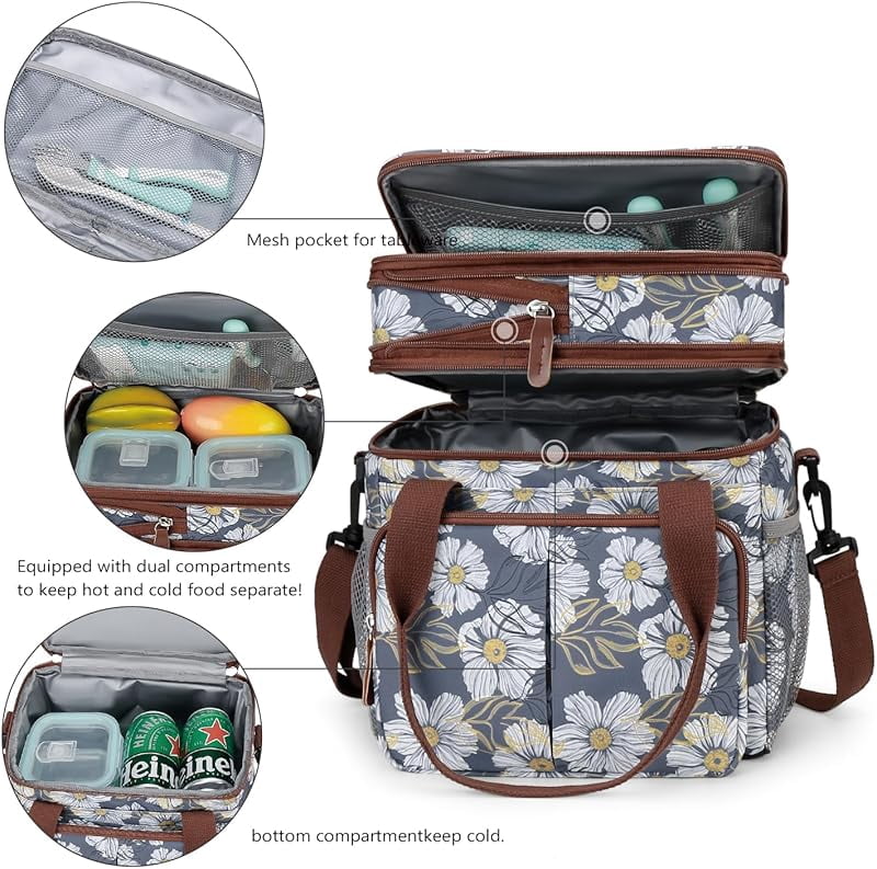 Lunch Bag Insulated Expandable Lunch Box for Women - Reusable Adults Floral Lunch Tote Bag Lunch Box for Office Work Picnic (Yellow Flower)