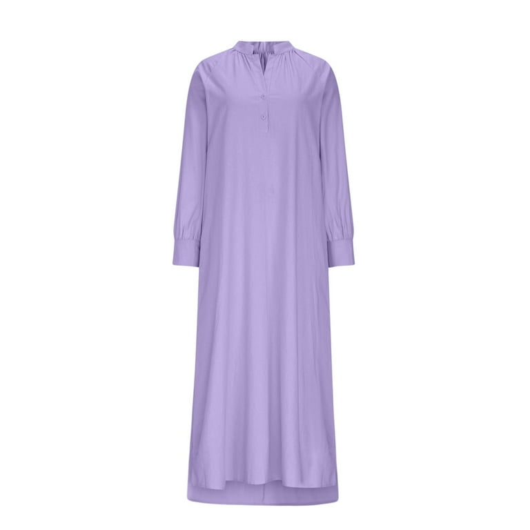 chinese dress ladies Women's Lilac Linen Dress - Round Neck Linen Tunic with Princess Seams,  Long Sleeve