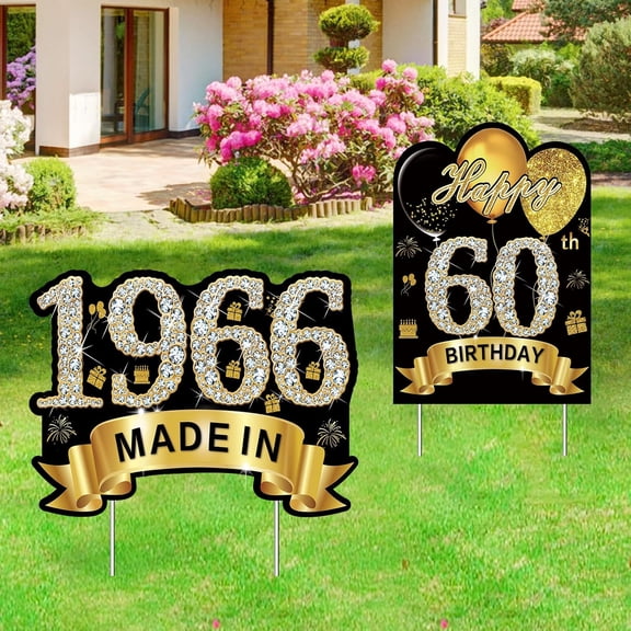 2Pcs Black Gold 60th Birthday Yard Sign Decoration for Men Women, Happy 60th Birthday Made in 1966 Lawn Sign Party Supplies, Sixty Year Old Birthday Yard Stakes Decor