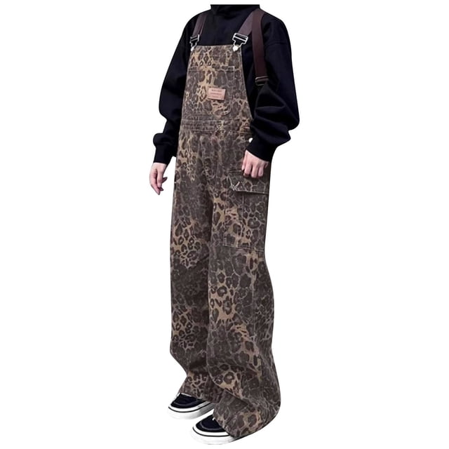 Kcodviy Women's Retro Street Style Body Suit for Women Leopard Print Pocket Overalls Loose Rompers for Women Casual Loose Fit Wide Clothes for Women Rompers Jumpsuit Leg Pants for Spring/Fall