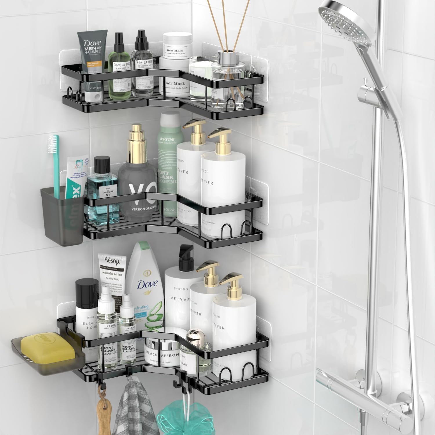 TETOTE Shower Organizer Corner Caddy,Black,2-Pack,Stick on shower  shelves,No Drill,Adhesive,Floating Shower Shelf with Hooks,Stainless  Steel,Shower