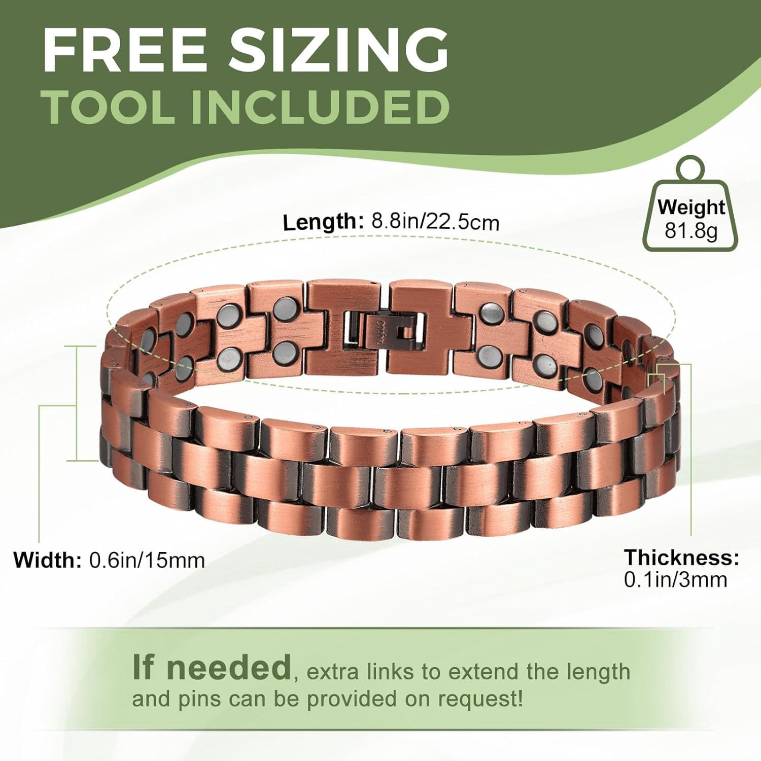 Wollet Copper Magnetic Bracelet for Men, 99.9% Pure Copper Jewelry with Magnets, Set of 2