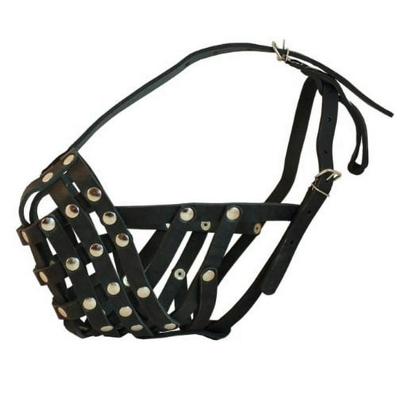 Secure Leather Mesh Basket Dog Muzzle - Boxer, English Bulldog (Circumference 14", Snout Length 3")