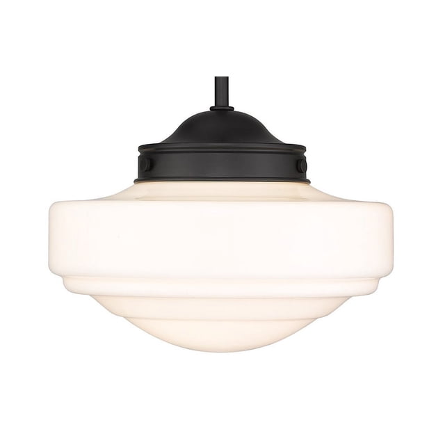 Golden Lighting Ingalls 1-Light Metal Medium Pendant in Matte Black/White with a retro milk white glass shade and matte black steel finish. This transitional pendant light features durable steel construction, adjustable rods, and a single candelabra bulb base. Suitable for damp locations, dimmable, and ideal for ceiling lighting applications.