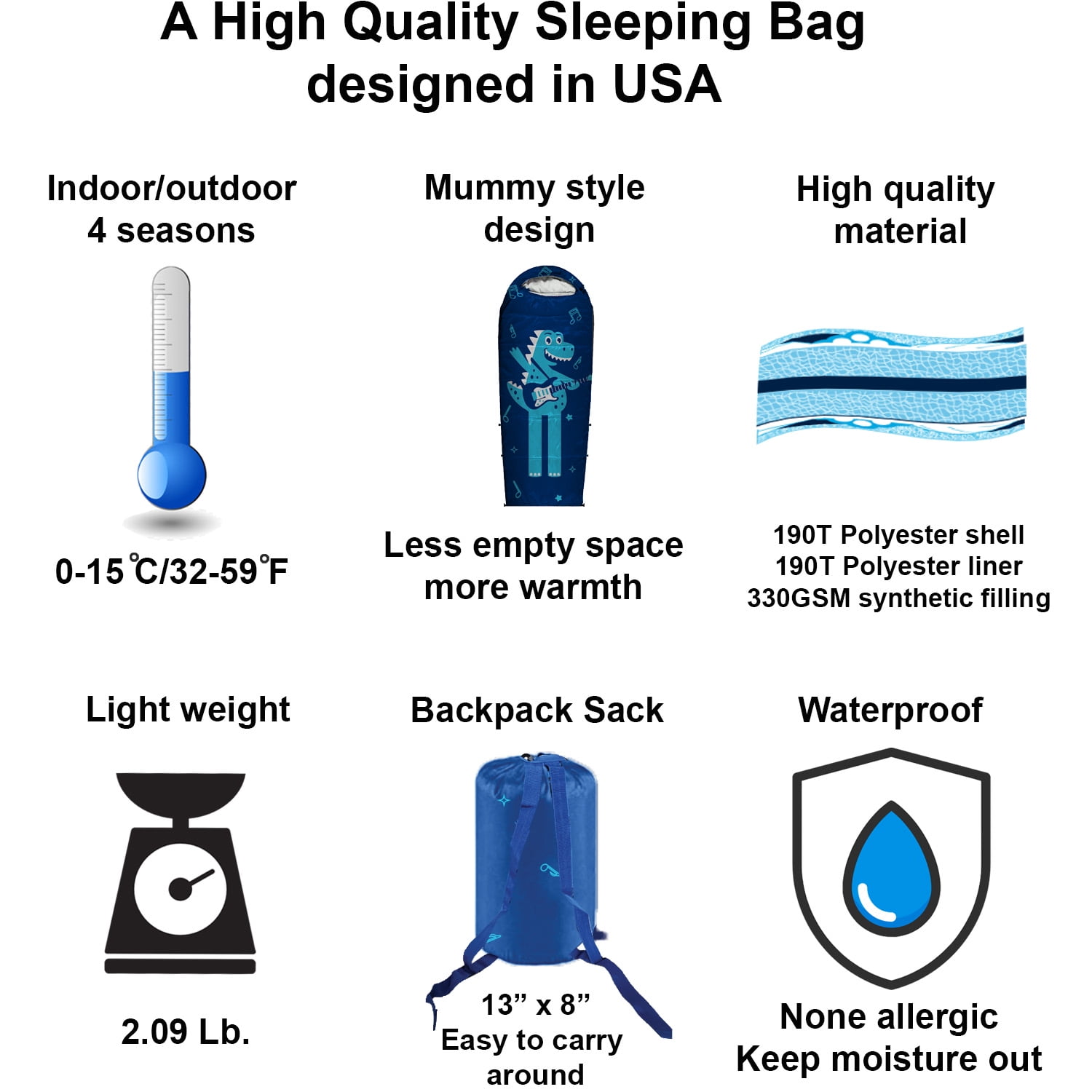 KidzAdventure Adjustable Length Youth and Kids Sleeping Bag |32F Indoor/Outdoor Boys and Girls Sleeping Bag | Mummy Style, Lightweight Sleeping Bag for Kids | U.S. Pending Patent