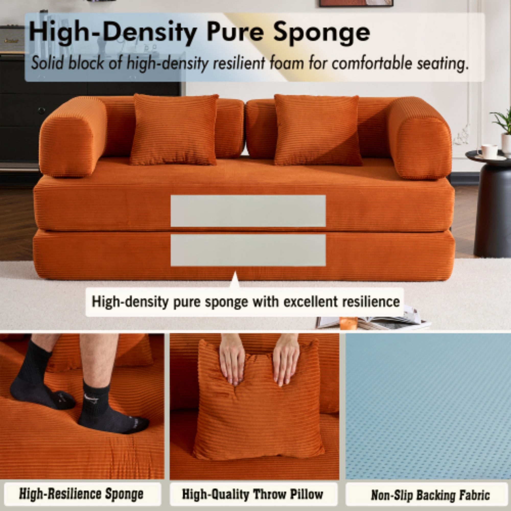 BSHTI 77" Corduroy Convertible Sleeper Sofa Bed with Cylindrical Pillow, No Assembly, Small Space for Living Room（Orange）