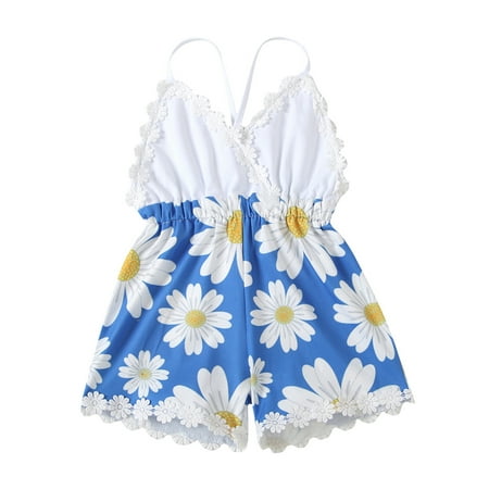 

EHTMSAK Infant Baby Toddler Kids Sleeveless Sunflower Suspender Romper for Girl Summer Clothes Ruffle Jumpsuit Blue 6M-3Y 70