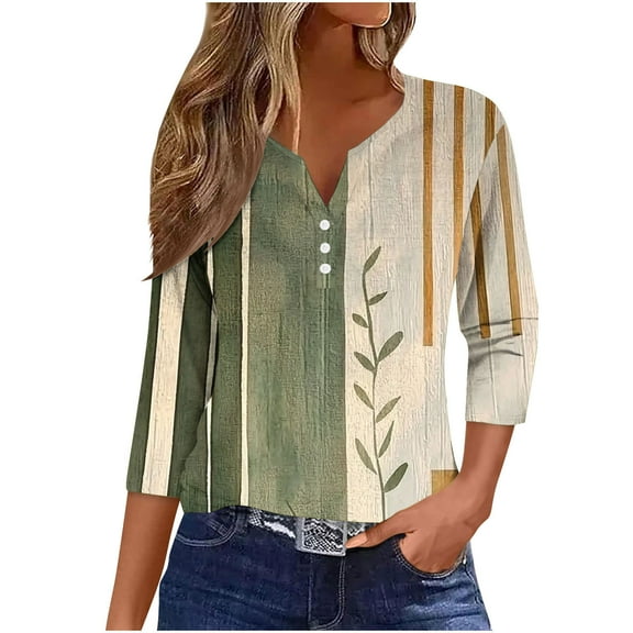 CYMMPU Blouses for Women Dressy Casual Lace V Neck Floral Printed 3/4 Sleeve Spring Tops Fall Trendy Shirts T-Shirts Loose Fit Business Elegant Work Tops T-Shirts Khaki XXL