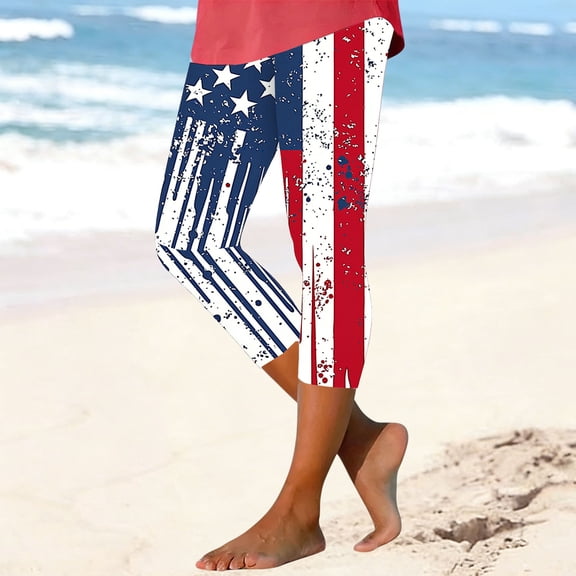 Cagogo Women Plus Size Capri Pants Elastic Waist Stretch American Flag Beach Casual Sporty Capri Leggings, Red 3XL