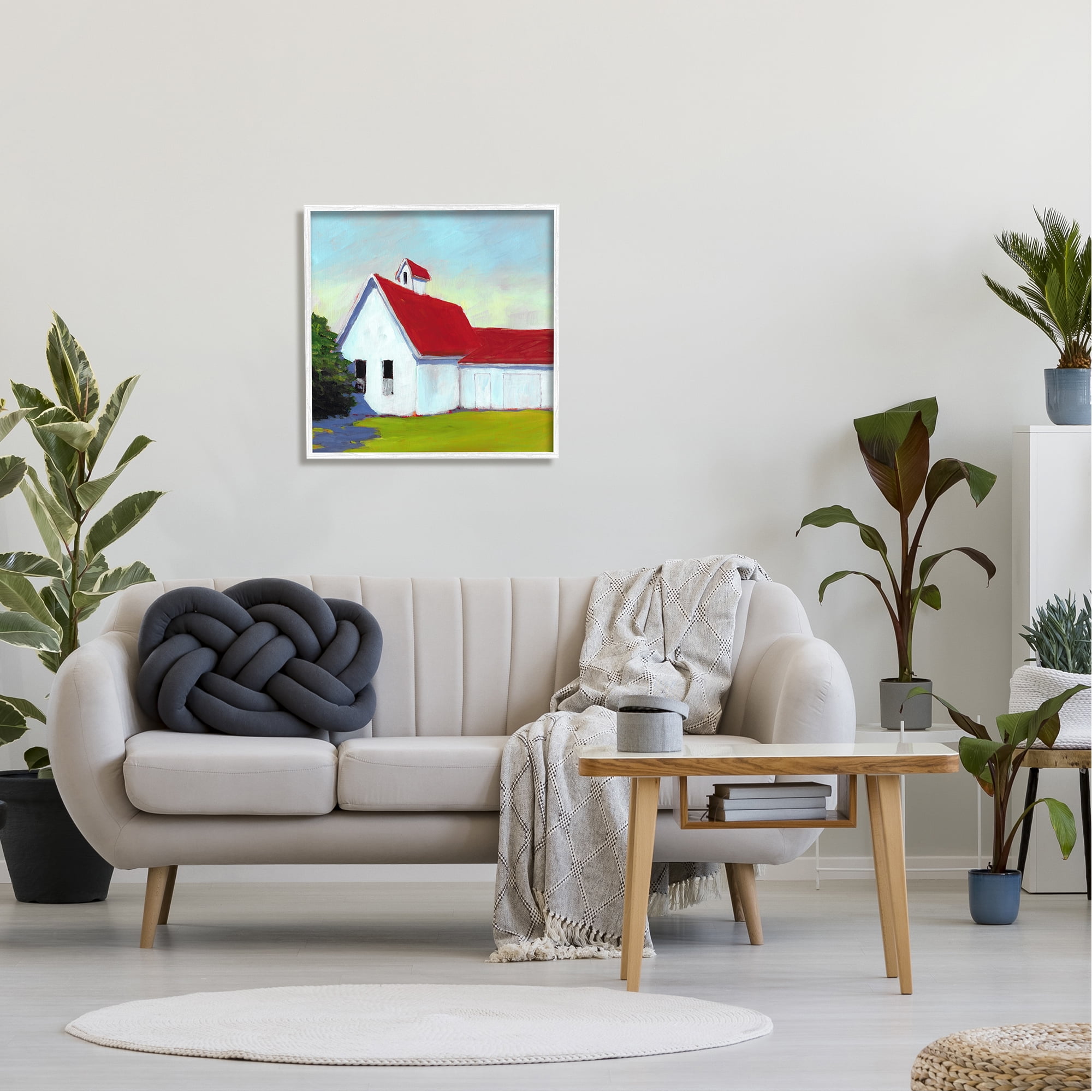 Stupell Industries Red & White Farm Cottage Travel & Places Painting White Framed Art Print Wall Art, 24 x 24