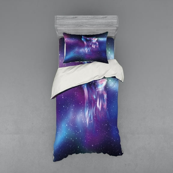 Ambesonne Nature Bedding Set 3 Pcs, Northern Aurora Borealis, Twin XL, Blue Purple