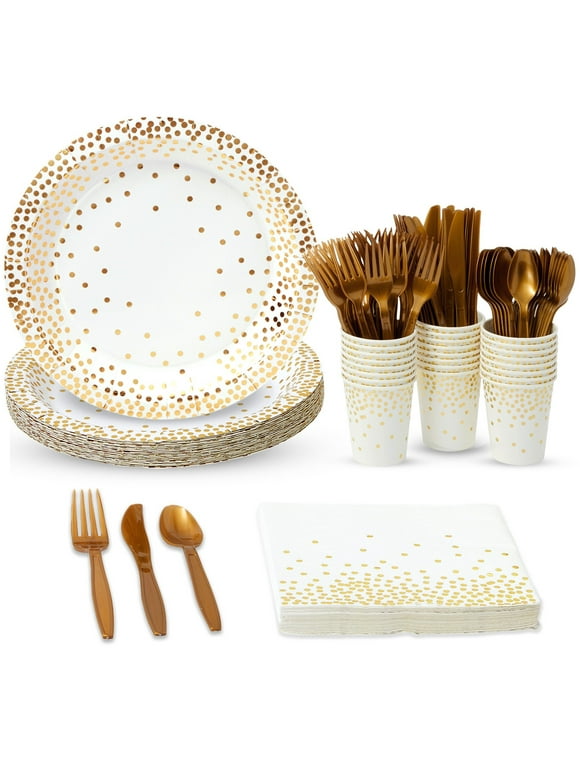 144 Piece White and Gold Party Supplies for Wedding, Birthday - Gold Table Decorations with Plates, Napkins, Cups, and Cutlery (Serves 24)