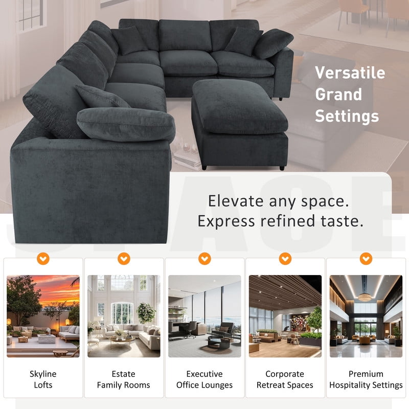 Extra Large 7-Piece Modular Solid Wood Frame Sectional Sofa Set w/ Movable Ottoman, L-Shaped Chenille Oversized Couch