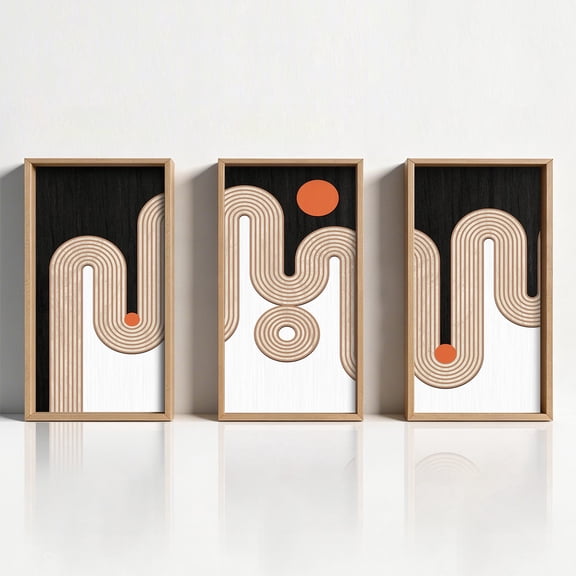 TOARTi Abstract Wall Art Geometric Framed Modern Minimalist 3D Black Orange Wood Artwork Set of 3 For Living Room Bedroom Office 8x16 Inch