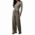 thumbnail image 2 of Women'S Striped 2 Piece Pants Outfits Long Sleeve Button Down Knit Top Set Leisure Vacation Brown M, 2 of 9