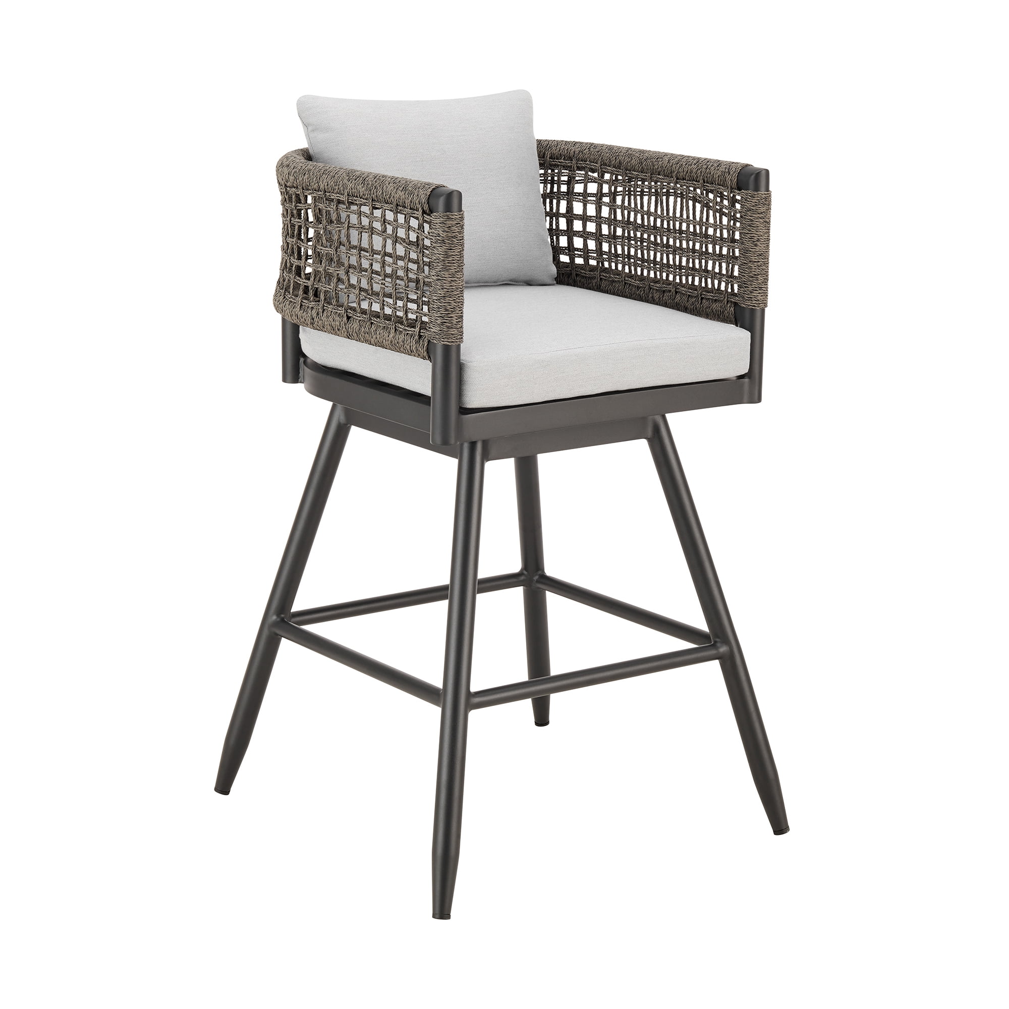 Alegria Outdoor Patio Swivel Counter Stool in Aluminum with Gray Rope and Light Gray Cushions - Set of 2