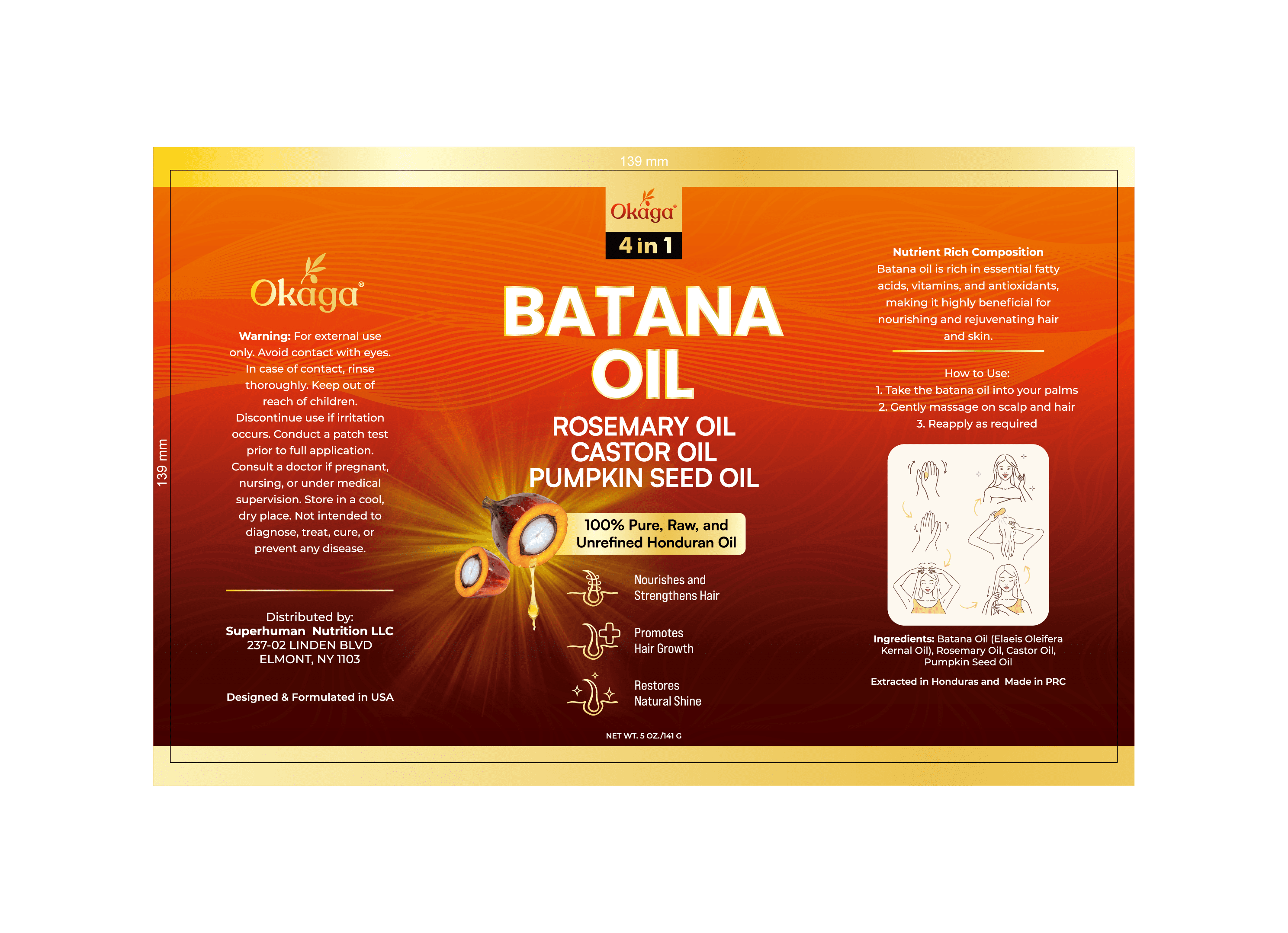 Okaga Batana Oil for Hair Growth with Rosemary, Castor, and Pumpkin Seed Oils, 100% Pure Unrefined Honduran Formula, Strengthens, Nourishes, Revives Scalp & Strands, Natural Care for All Types (5oz)