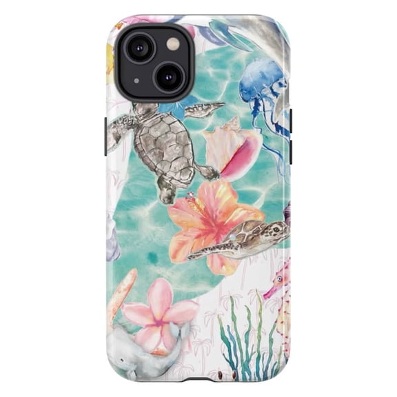Sea Turtle Phone Case, Tropical Ocean Hibiscus Jellyfish Coastal Beach Life Cover for iPhone 17 16 15 14 13 12 11 Plus Pro Max Mini