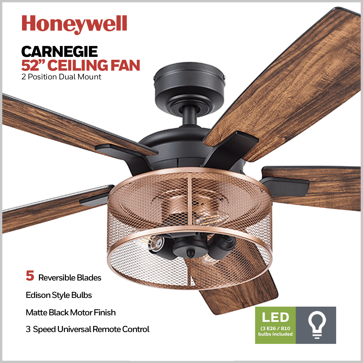 Honeywell Carnegie 52" Matte Black and Copper Ceiling Fan with Lights and Remote Control