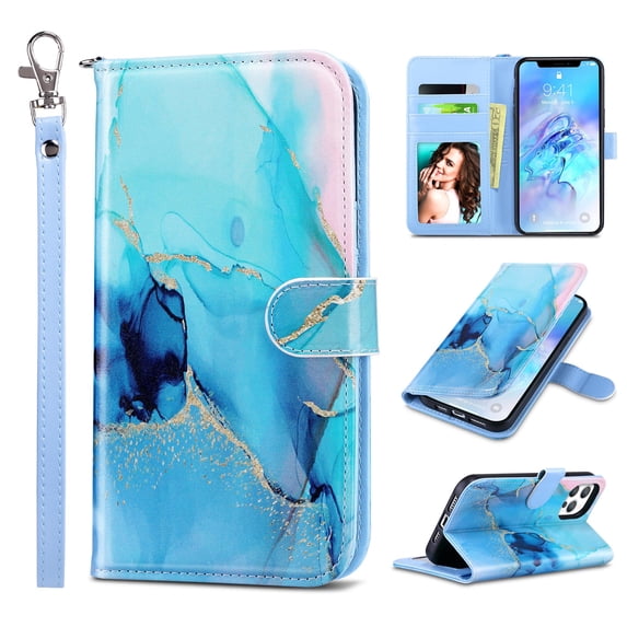 ULAK Wallet Case for iPhone 12 Pro Max, Leather Flip Folio Kickstand Phone Case with Card Holder for Apple iPhone 12 Pro Max 6.7" for Women Girls, Blue Marble