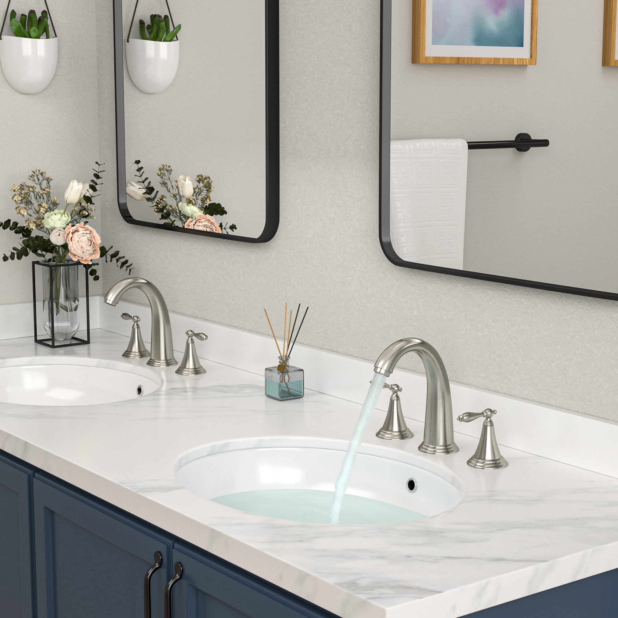 Brushed Nickel Bathroom Sink Faucet Bathroom Cabinet Vanity Faucet, 2- Handle Three-Hole Split Mount