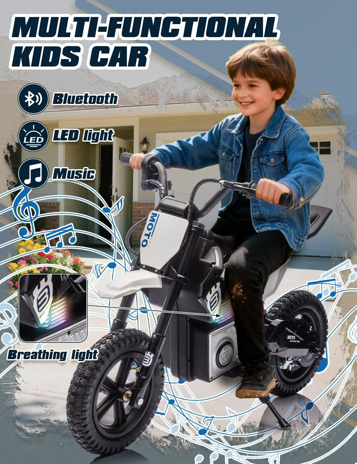 NovaDrive 24V Kids Ride On Electric Motocross Motorcycle with 200W High Speed Hub Motor, Rear Wheel Shock Absorber, Adjustable Speed, LED Lights, Bluetooth Music, Speeds 3.11-9.32 MPH, Ages 5-12