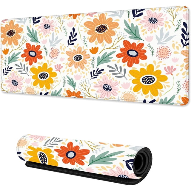 Large Colorful Flower Grass Leaves Gaming Keyboard Mat NonSlip Rubber Base, Big Extended Desk Mat Protector, Stitched Edges, Perfect for Home Office, 31.5x15.7 in