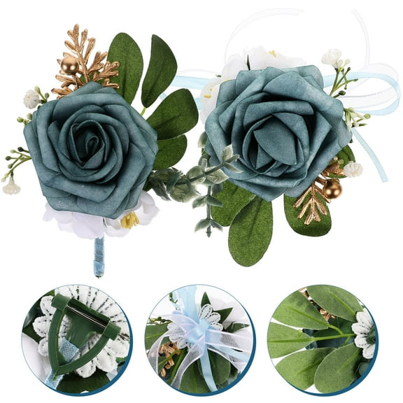 SEWCHICS 1Set Artificial Flower Corsage and Boutonniere Set Sky Blue for Wedding Bride Groom