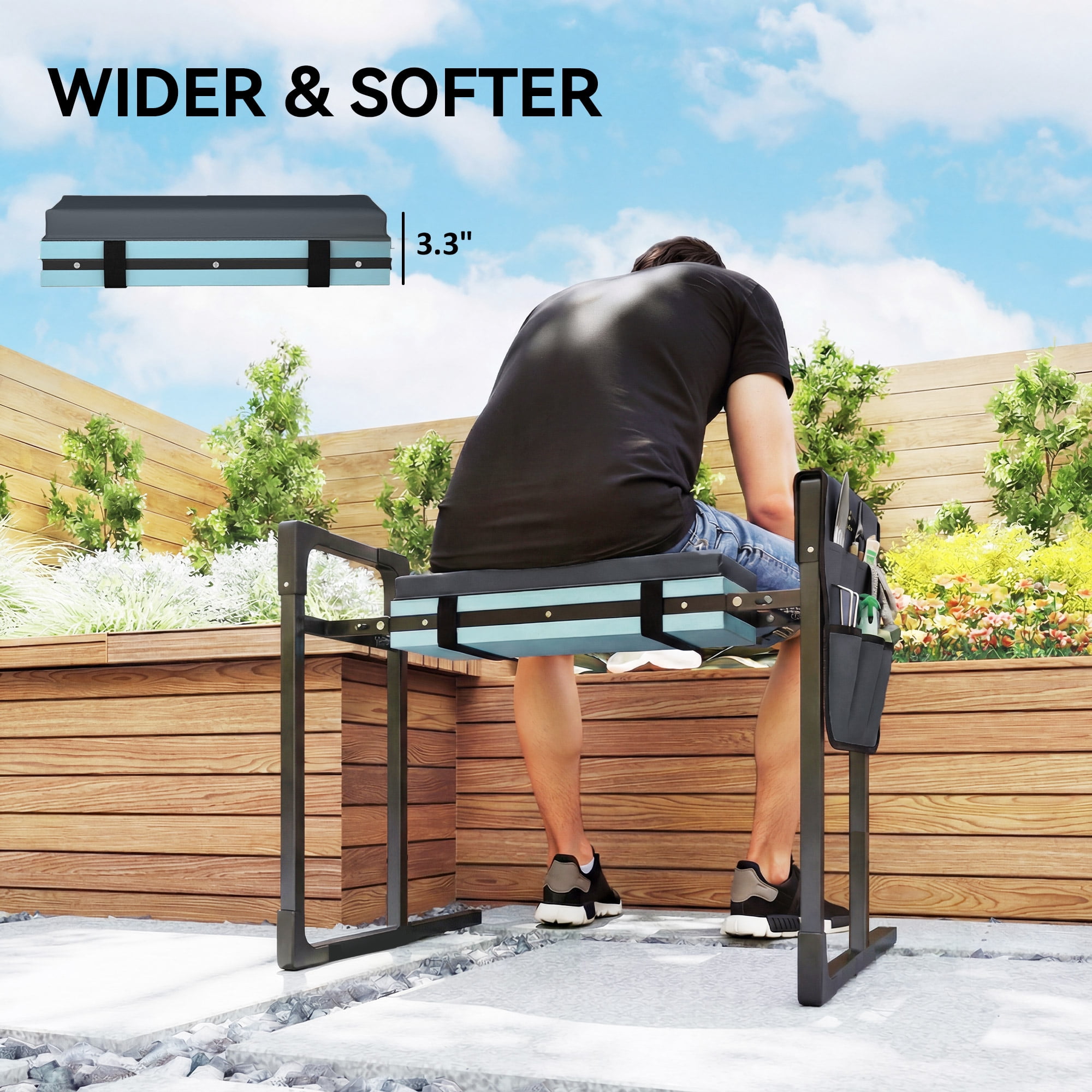Outsunny Garden Kneeler and Seat, 330lbs Heavy Duty Foldable Gardening Stool with Thicker Soft Kneeling Pad, Extendable Steel Leg, Large Tool Pouch