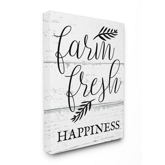 The Stupell Home Decor Collection Farm Fresh Happiness Black and White Script Oversized Stretched Canvas Wall Art, 24 x 1.5 x 30