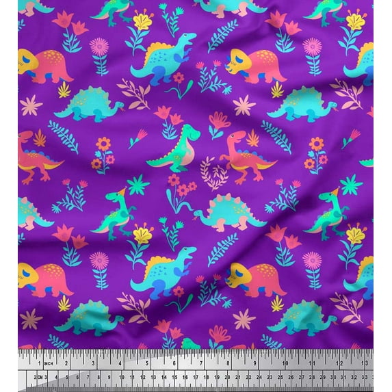 Soimoi Purple Heavy Canvas Fabric Aster Flower & Dinosaur Kids Printed Fabric 1 Yard 58 Inch Wide