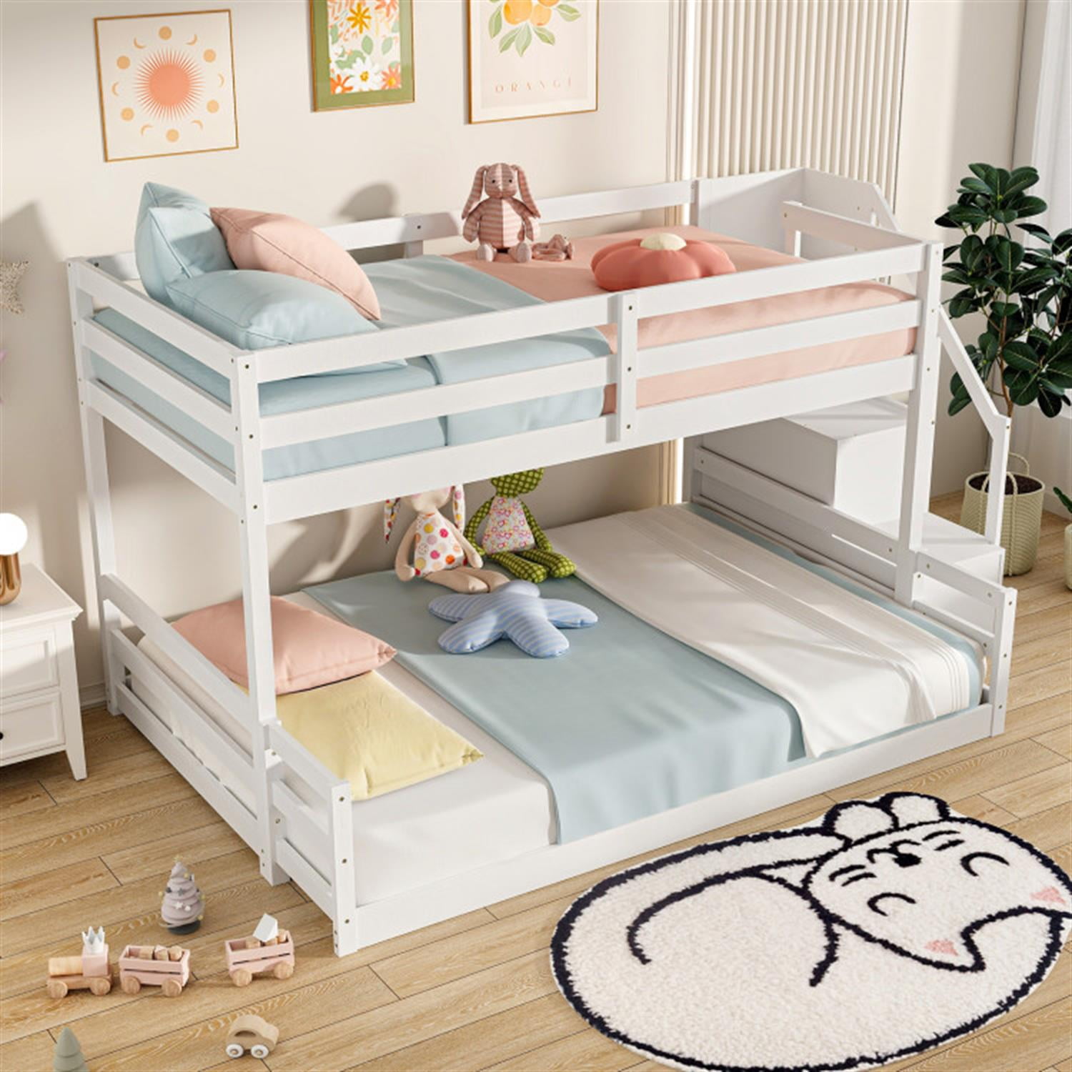 Demi Bonn Twin Over Full Bunk Bed with Safety Rail and Storage Stairs, Twin Bunk Beds, Space-saving Solid Wood Bed Frame, White