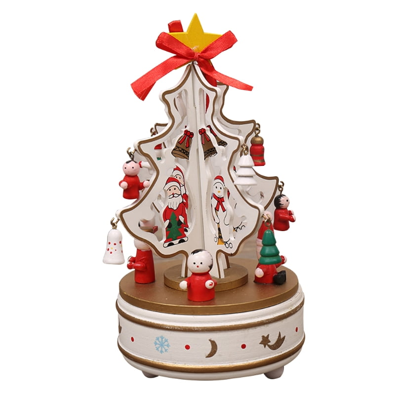 XdiseD9Xsmao Durable Lightweight Wooden Christmas Tree Rotating Carousel Music Box Kids Toy Gift Festival Xmas Party Home Table Decor White 