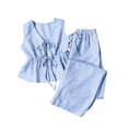 thumbnail image 7 of Vivianyo HD Women's Striped V-Neck Sleeveless Tie Waist Peplum Top and Wide Leg Pants Set, Two Piece Sets for Women Textured Outfit, Women's Blue, Sizes S-XL, 7 of 7