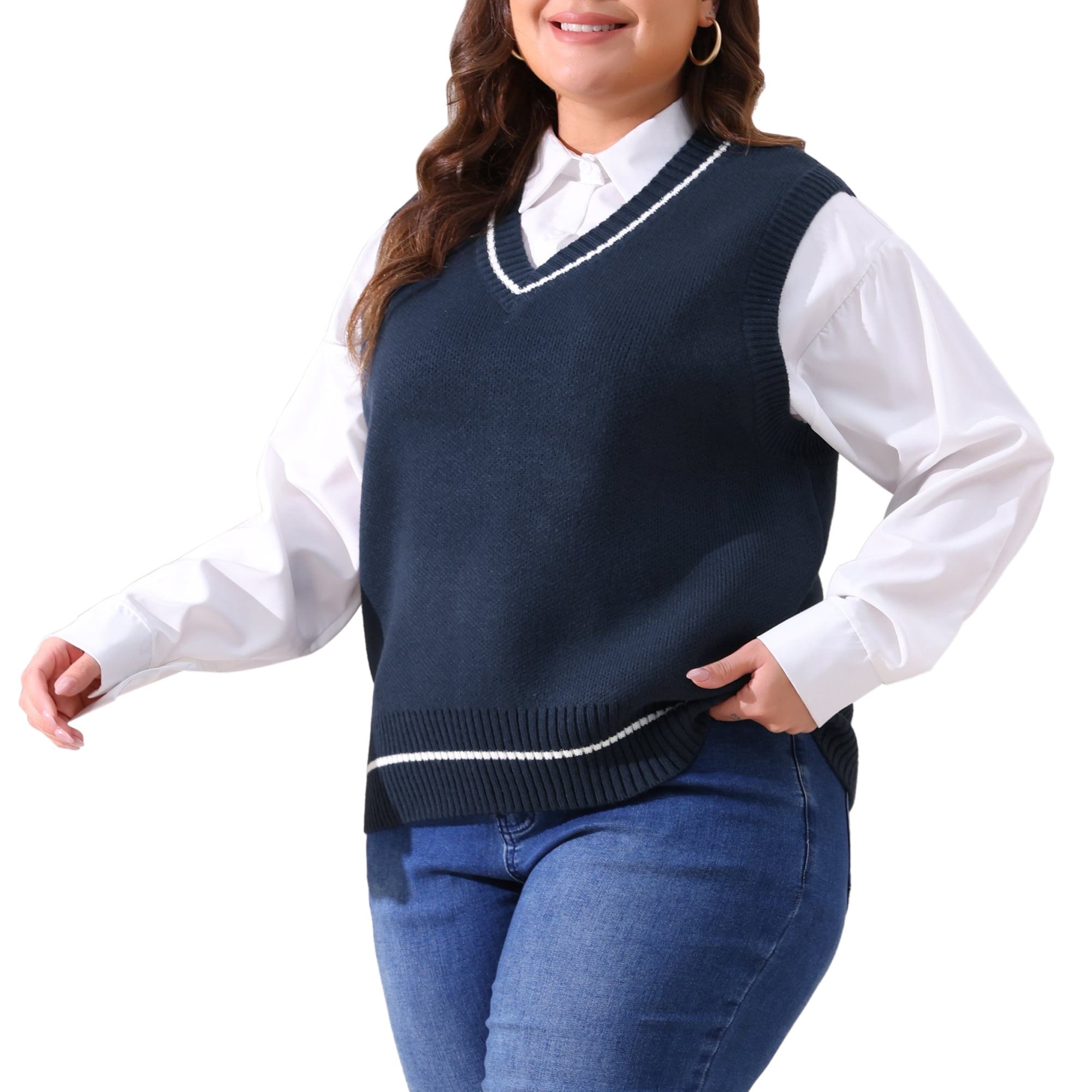 DARING DIVA Women's Plus V Neck Stripe Cable Knit Pullover Sweater Vest 1X Navy Blue