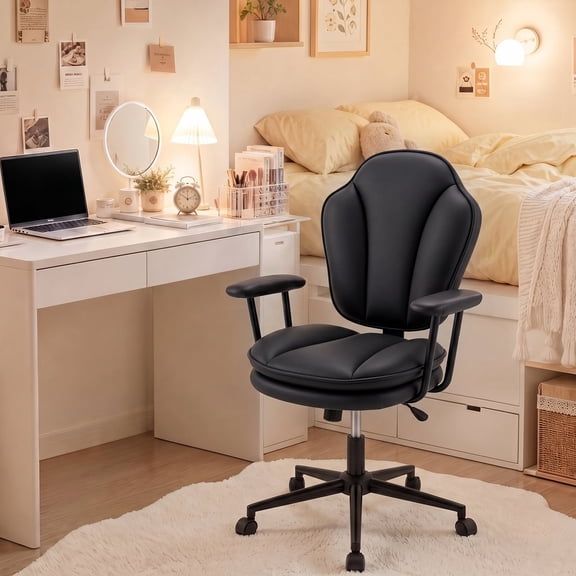 Pinmoco Ergonomic PU Leather Office Chair, Tulip Petal Competer Desk Chair with Padded Arms for Adults, 300 lbs Capacity, Black