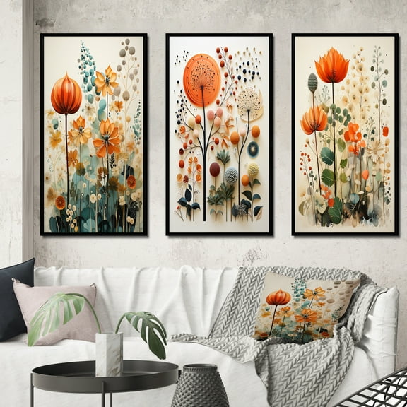 Designart "Colorful Mid Century Midcentury botanics I" Abstract Botanicals Framed Wall Art Set Of 3 - Multi-Color Floral Frame Canvas Set For Living Room Decor