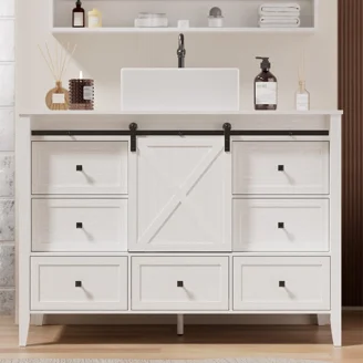 GDFStudio 30" Bathroom Vanity Sink Combo – White, 5 Drawers, 2 Soft-Close Doors, Ceramic Basin, Freestanding For Small Spaces