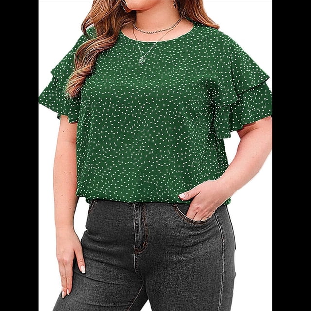 Camiseta Holgada de Cuello Redondo con Lunares y Corta con Volantes para Mujer, Talla Grande Verde XL