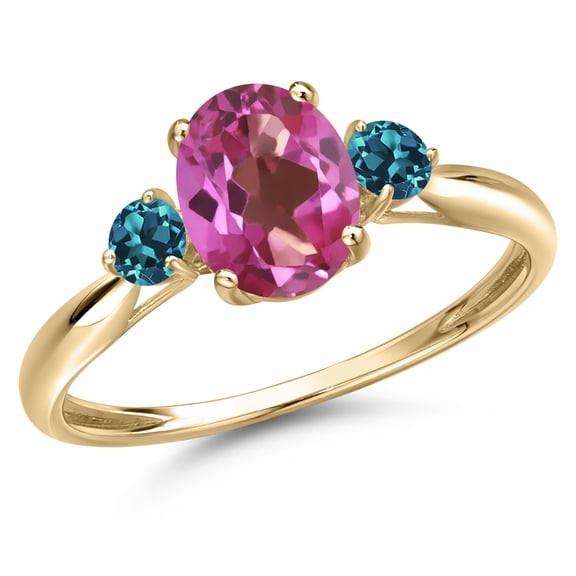 Gem Stone King 10K Yellow Gold Pink Mystic Topaz and London Blue Topaz 3-Stone Ring for Women | 1.56 Cttw | Oval 8X6MM | Gemstone November Birthstone | Size 8