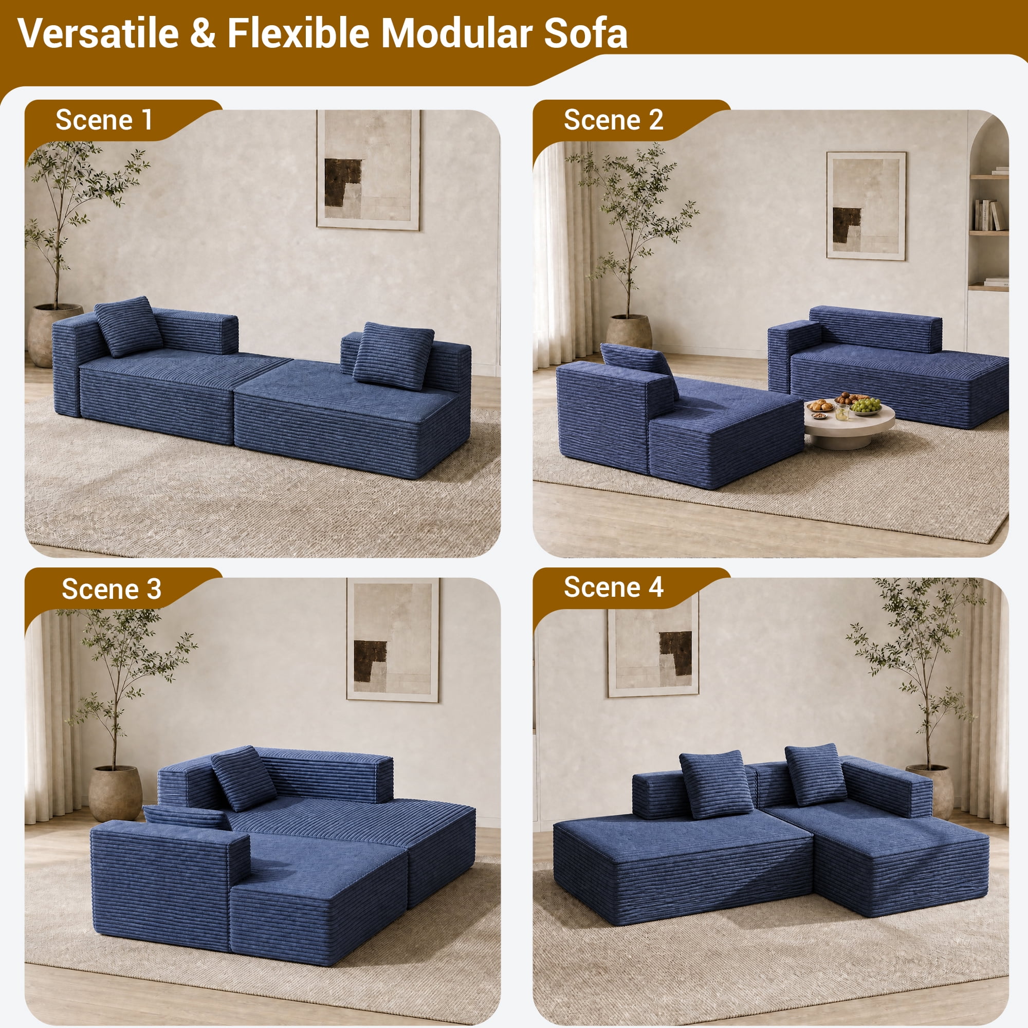 Meeyar 91" Boneless Modular Sectional Sofa with L Shaped Chaise, Cloud Couch for Living Room, Navy Blue