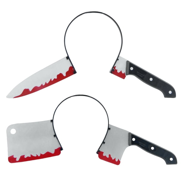 2 diademas divertidas y aterradoras para Halloween, diadema con sangre en la cabeza, accesorios para fiestas de terror, disfraz, juguete de truco (cuchillo de carnicero + cuchillo puntiagudo)