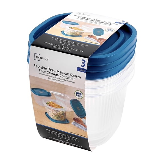 Mainstays Reusable Food Storage Container, Deep Medium Square, Plastic , 3 Pack – 3 Containers with Lids, 8.5 Cups, Ideal for Meal Prep