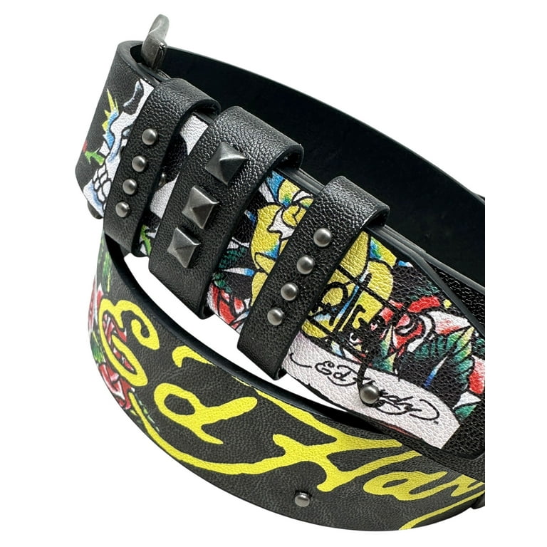 Ed Hardy Men's Skulls and Roses Printed Black Belt With Rivet